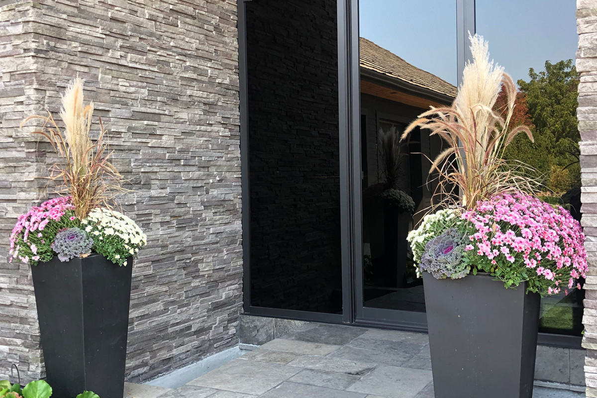 planters with flowers and tall grasses