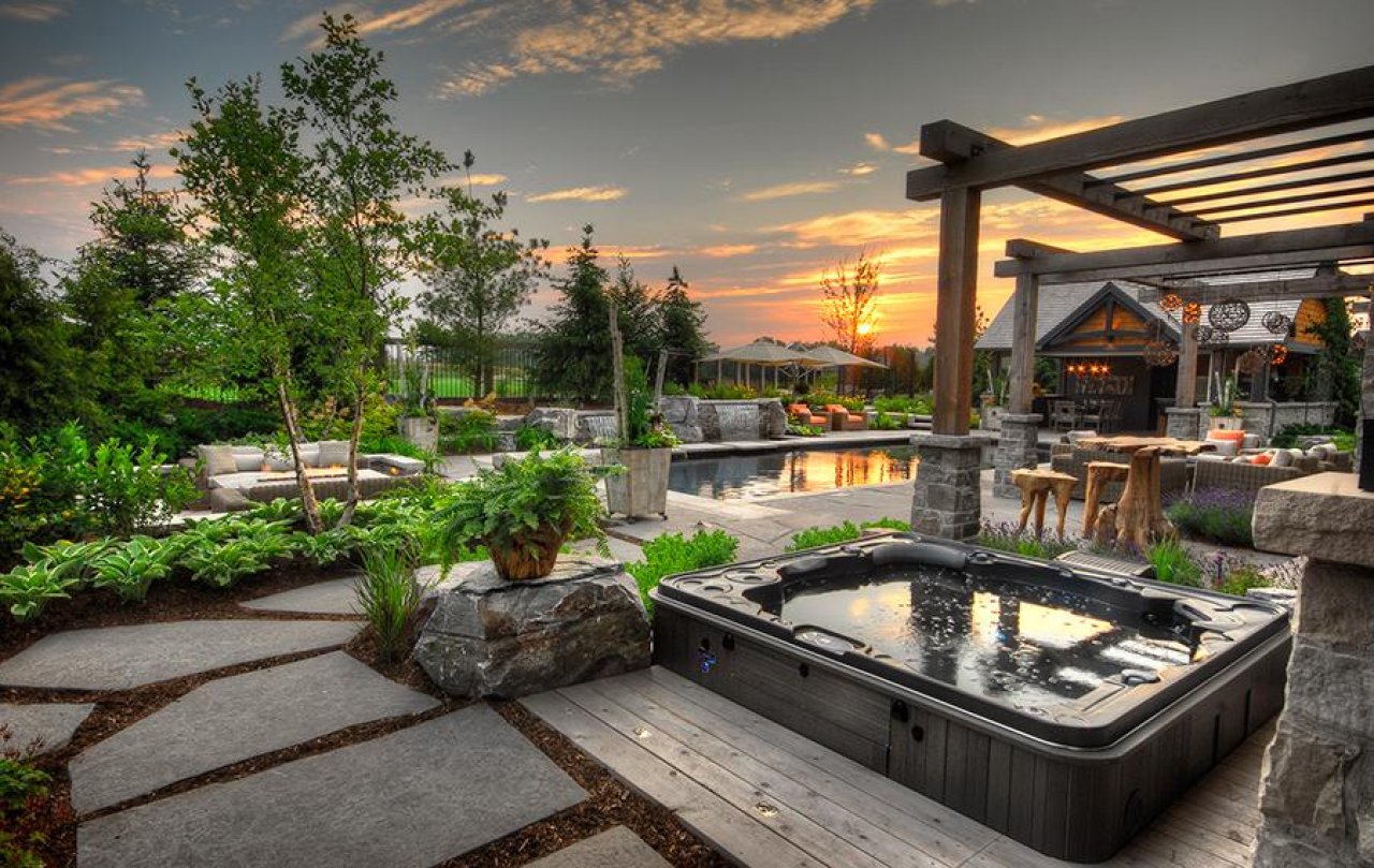 Backyard with pool and hot tub