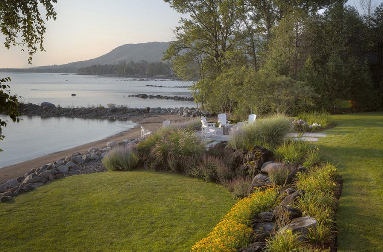 Backyard landscape by the lake